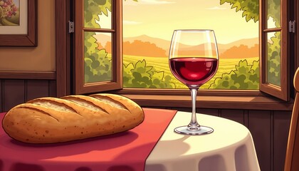 Table with bread and red wine near window overlooking fields and mountains.Simplicity. Comfort. The quiet elegance of rustic living.Travel ads, lifestyle blogs, culinary books, event invitations, po

