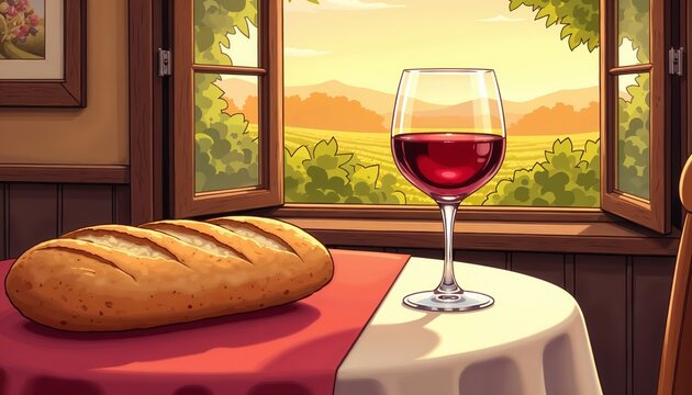 Table with bread and red wine near window overlooking fields and mountains.Simplicity. Comfort. The quiet elegance of rustic living.Travel ads, lifestyle blogs, culinary books, event invitations, po

