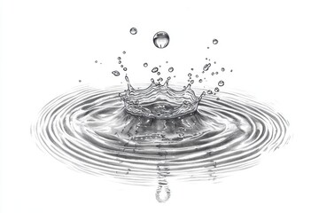 Water Drop Splash in Black and White Drawing