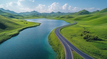 Serene Road Winding Through Lush Green Valley and Blue Lake