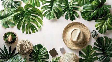 Top View of Business Desk Table with Monstera Leaves and Accessories