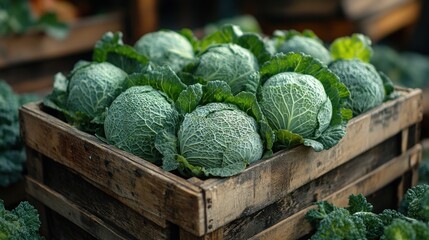 Fresh Green Cabbages and Broccoli Packed in Cardboard Box in Hyper-Realistic Style