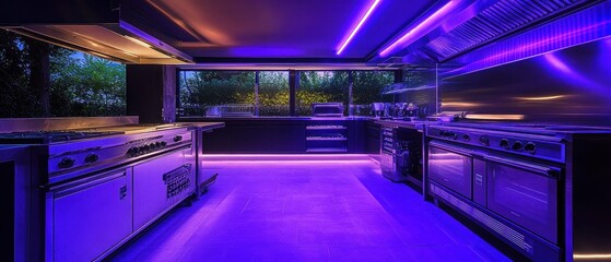 Obraz premium Modern Kitchen With Purple Lighting And Stainless Steel Appliances