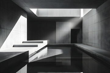 Fototapeta premium Sunlit minimalist concrete interior with reflecting pool.