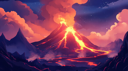 Volcanic eruption with lava and ash plume, powerful natural event, suitable for documentary or environmental awareness campaigns. Eruption. Illustration