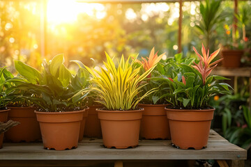 Fototapeta premium Sunlit potted plants on wooden shelf.