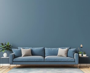 A minimalist living room with a blue sofa. two end tables. and a blue wall