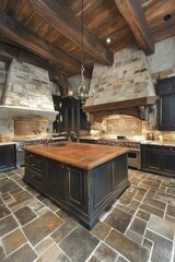 Elegant Rustic Kitchen Island and Stonework Design