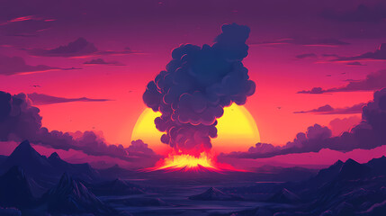 Volcano eruption with smoke and ash cloud at sunset. Eruption. Illustration