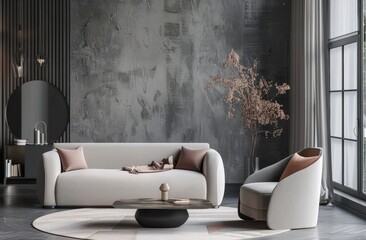 A modern living room with a white sofa. an armchair. a round coffee table. a rug. and a large window