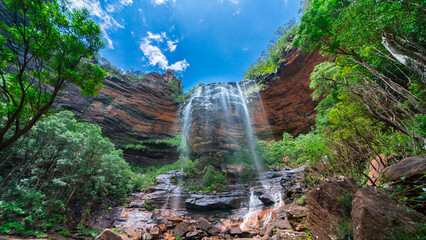 Katoomba Blue Mountains majestic waterfalls. walking to bottom of the mountains you arrive at these beautiful waterfalls in Sydney NSW Australia 