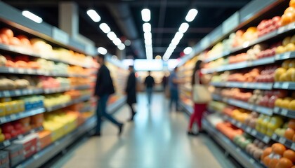 A blurred view of a busy supermarket interior, with shoppers moving through aisles filled with colorful products and bright lighting