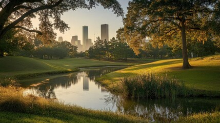 Obraz premium Serene Park Landscape with City Skyline Reflected in Water