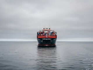 Fototapeta premium A massive cargo vessel glides smoothly across the tranquil Asian seas surrounded by a blanket of gray clouds. Its colorful containers stand out against the serene backdrop showcasing global trade.
