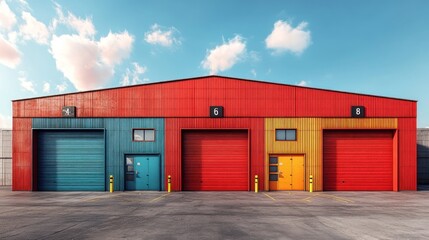 Colorful Industrial Building Facade with Garage Doors
