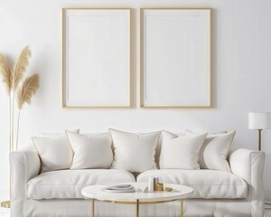 Minimalist living room interior with a white sofa. two empty picture frames. and a coffee table