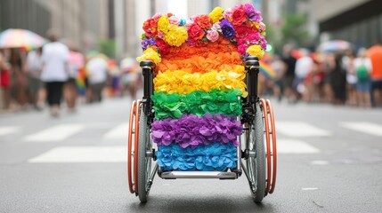 Obraz premium A colorful, flower-decorated wheelchair showcases pride in a vibrant parade, symbolizing inclusivity and celebration of diversity. LGBTQ community concept