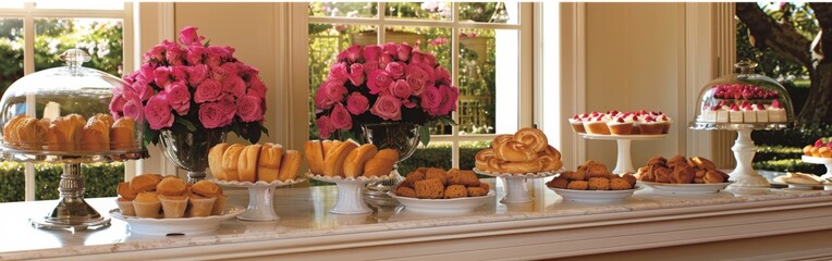 Welcoming family bakery showcases enticing baskets of bread trays of cookies and vibrant cakes. Soft sunlight filters in enhancing the inviting atmosphere for all who visit.
