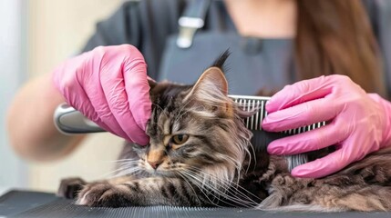 An expert groomer carefully combs a long haired cat in a cozy salon showcasing a gentle technique and a vibrant atmosphere filled with soft lighting and artistic flair.