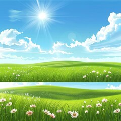 Obraz premium Bright sunlight illuminates lush green grass in a refreshing spring landscape. Delicate flowers dot the scene under a clear blue sky with wispy clouds creating a peaceful atmosphere.