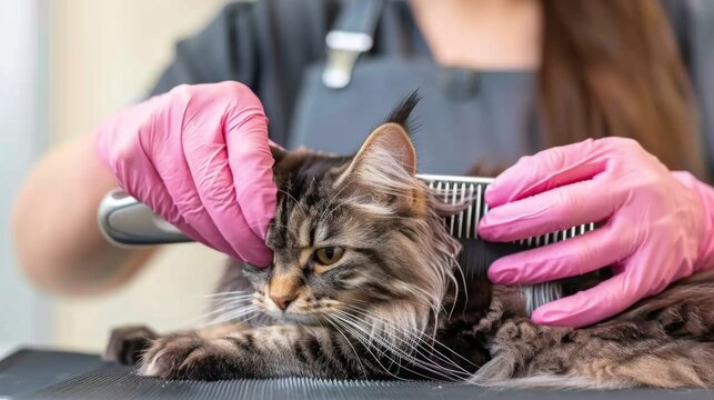 An expert groomer carefully combs a long haired cat in a cozy salon showcasing a gentle technique and a vibrant atmosphere filled with soft lighting and artistic flair.