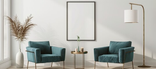 Two teal armchairs with gold frames and a gold side table with a white lamp in a white room