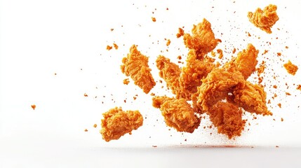 Crispy Fried Chicken Pieces Flying in Air Isolated on White Background