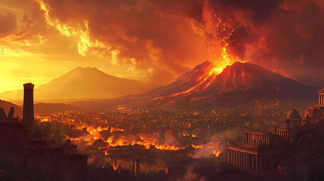 The catastrophic eruption of mount vesuvius in pompeii during ancient times. Eruption. Illustration