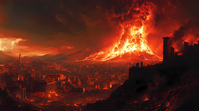 The catastrophic eruption of mount vesuvius in pompeii during ancient times. Eruption. Illustration