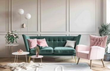 A modern living room with a green velvet sofa. pink armchair. white rug. and a vase of pink flowers