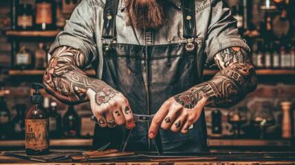 In a classic barbershop a skilled barbers hands expertly grip scissors and a comb ready to showcase the timeless art of precision cutting.