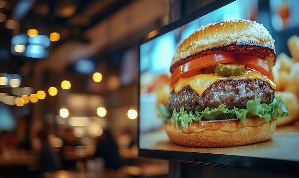Close-up of appetizing burger displayed on a digital screen in a restaurant.
