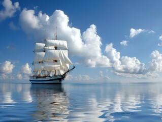 A massive white ship glides smoothly through a narrow channel effortlessly dividing two expansive seas. The vibrant sky and gentle waves reflect the serene beauty of the moment.