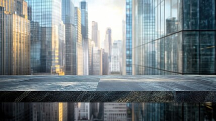 Modern Glass Table Top Overlooking Urban Cityscape at Sunset