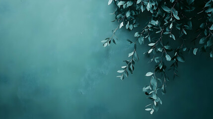 Teal background with hanging green leaves.