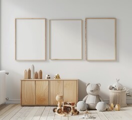 Three blank frames hang above a wooden cabinet with toys on a light wood floor in a nursery or children s bedroom