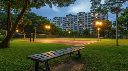 Obraz premium Evening View of a Tennis Court Surrounded by Lush Greenery