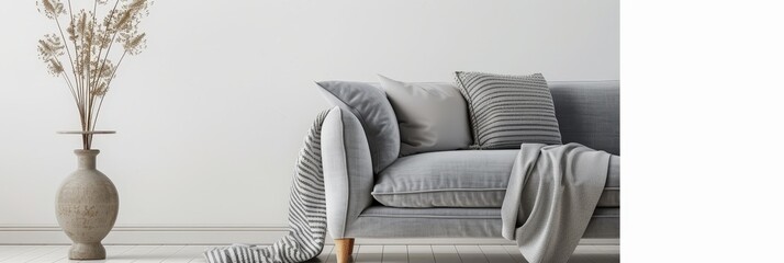 Gray sofa with throw blanket and pillows in a minimalist living room with a vase and dried flowers