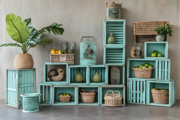 Teal crates stacked, displaying fruit, plants, and home decor against a textured wall.