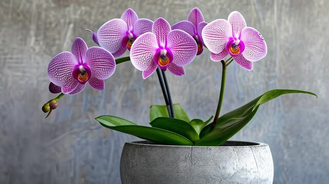 Pink orchids in a gray pot against textured gray background, elegance and tranquility concept