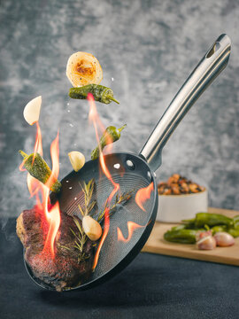 Creative Culinary Art with Flying Food and Fiery Flavors