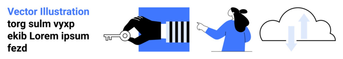 Black hand holding a key, person pointing, cloud with download symbol. Ideal for cybersecurity, user management, data protection, online storage, technology services, IT solutions, digital access