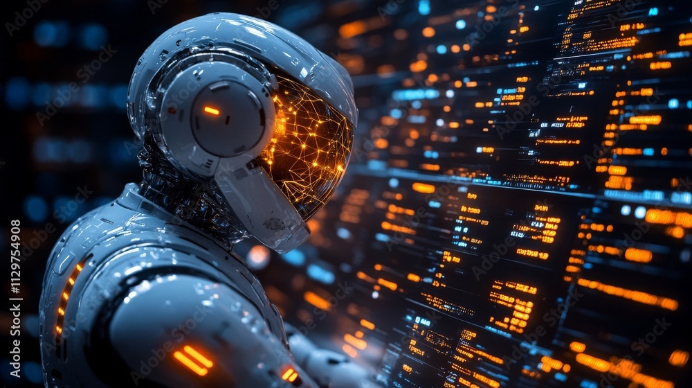 Poster ai-driven robot automating data entry and analysis in a futuristic digital environment