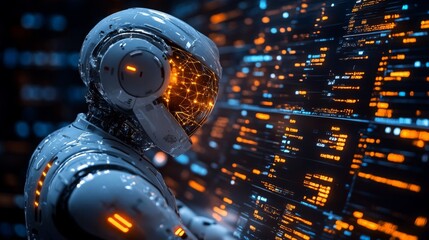 AI-driven robot automating data entry and analysis in a futuristic digital environment