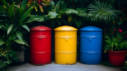 Naklejka premium Three colorful recycling bins in lush tropical garden.