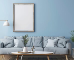 A minimalist living room with a light blue wall. a grey sofa. a coffee table. and a framed picture