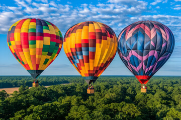 Fototapeta premium Three colorful hot air balloons soar over a lush green forest under a vibrant blue sky.