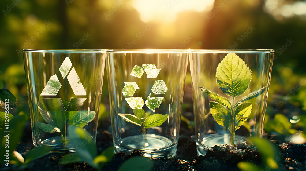 Wall mural Three glasses with plants and recycling symbols.