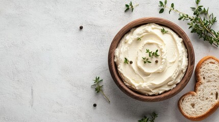 Creamy Spread in Wooden Bowl with Fresh Herbs and Slices of Bread