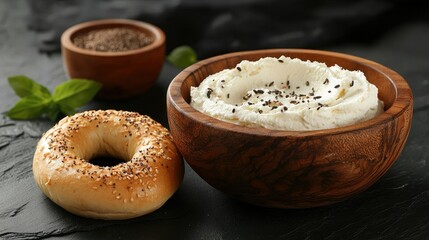 Delicious Bagel with Cream Cheese and Spices on Dark Background
